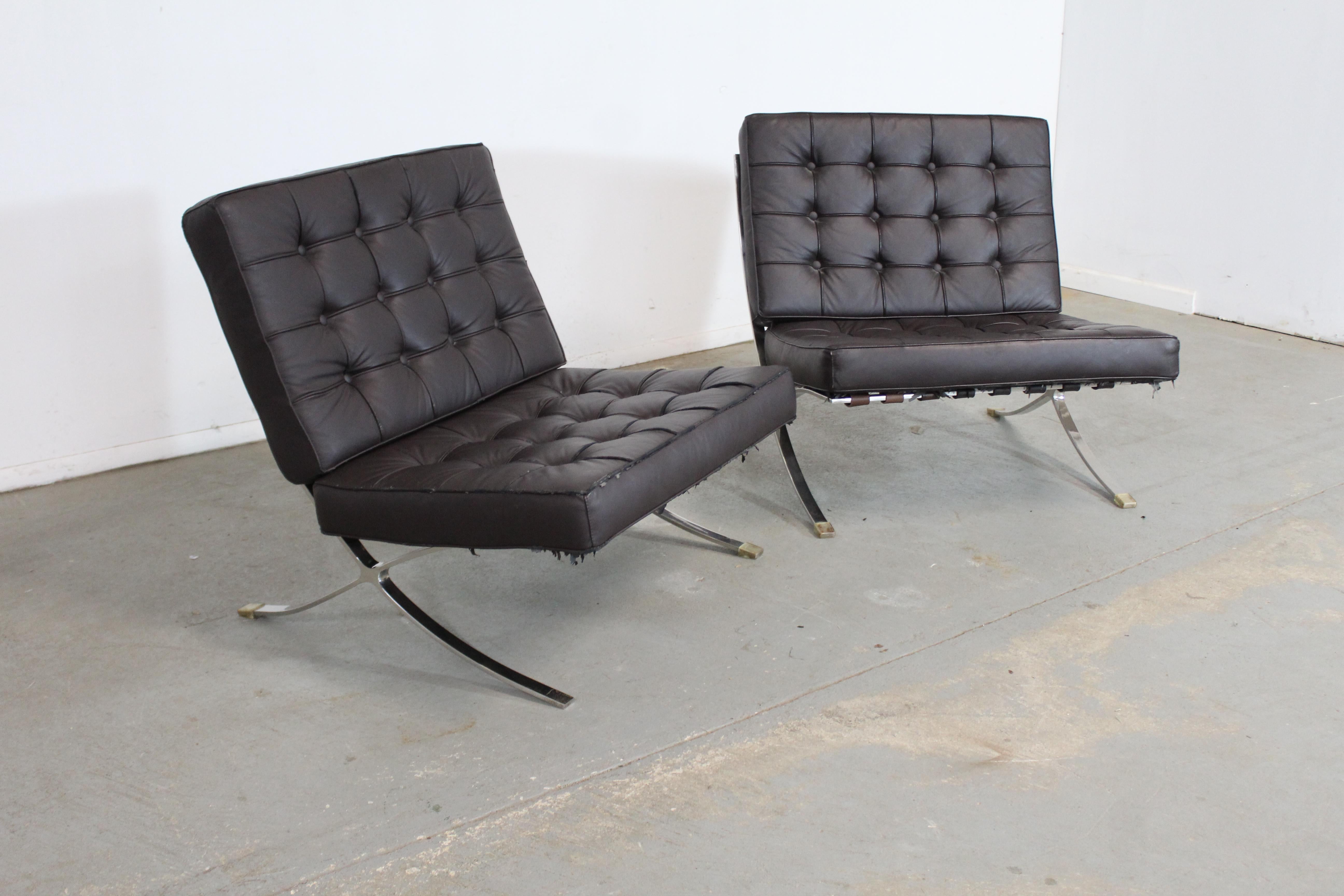 Pair of Mid-Century Danish Modern Vintage Chrome Barcelona Style Lounge Chairs

Offered is a great find, a Pair of Mid-Century Danish Modern Barcelona Style Chrome Lounge Chairs. These chairs are similar to the STYLE of designers, Ludwig Mies van