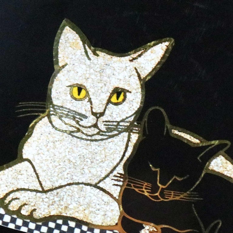 Pair Of Mid Century Modern Couroc Of Monterey Black Trays Cats And