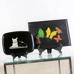 Pair of Mid-Century Modern Couroc of Monterey Black Trays Cats and Butterfly
