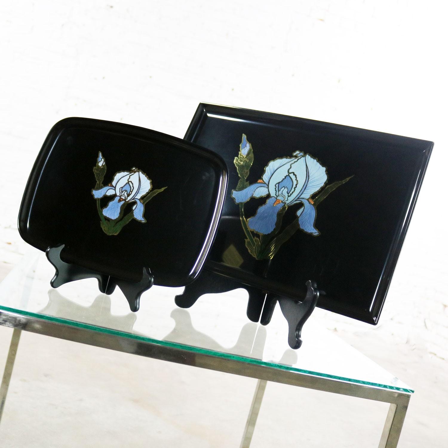 Pair of Vintage Mid-Century Modern Couroc of Monterey Black Trays with Blue Iris 5