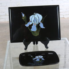 Pair of Vintage Mid-Century Modern Couroc of Monterey Black Trays with Blue Iris