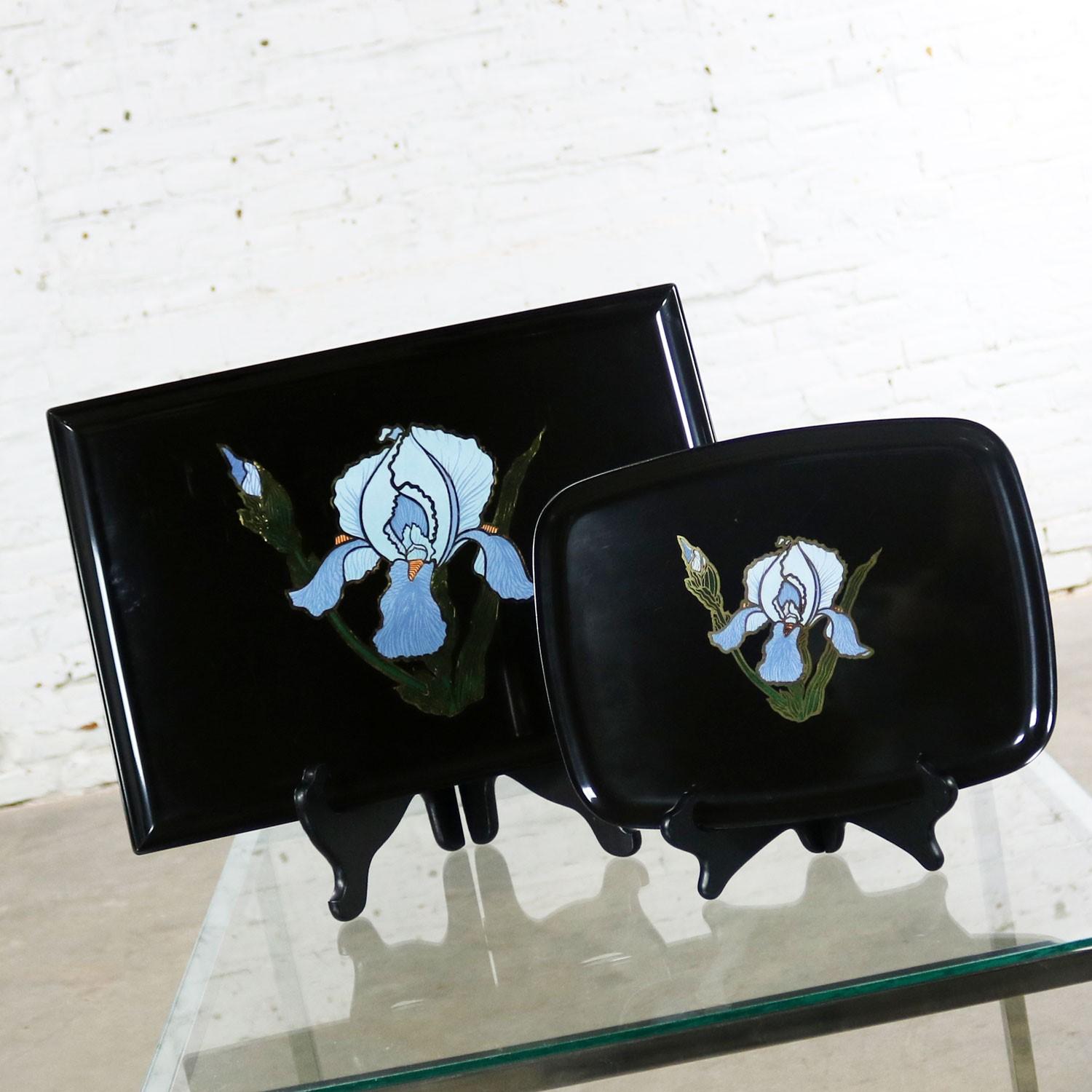 American Pair of Vintage Mid-Century Modern Couroc of Monterey Black Trays with Blue Iris