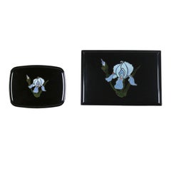 Pair of Vintage Mid-Century Modern Couroc of Monterey Black Trays with Blue Iris