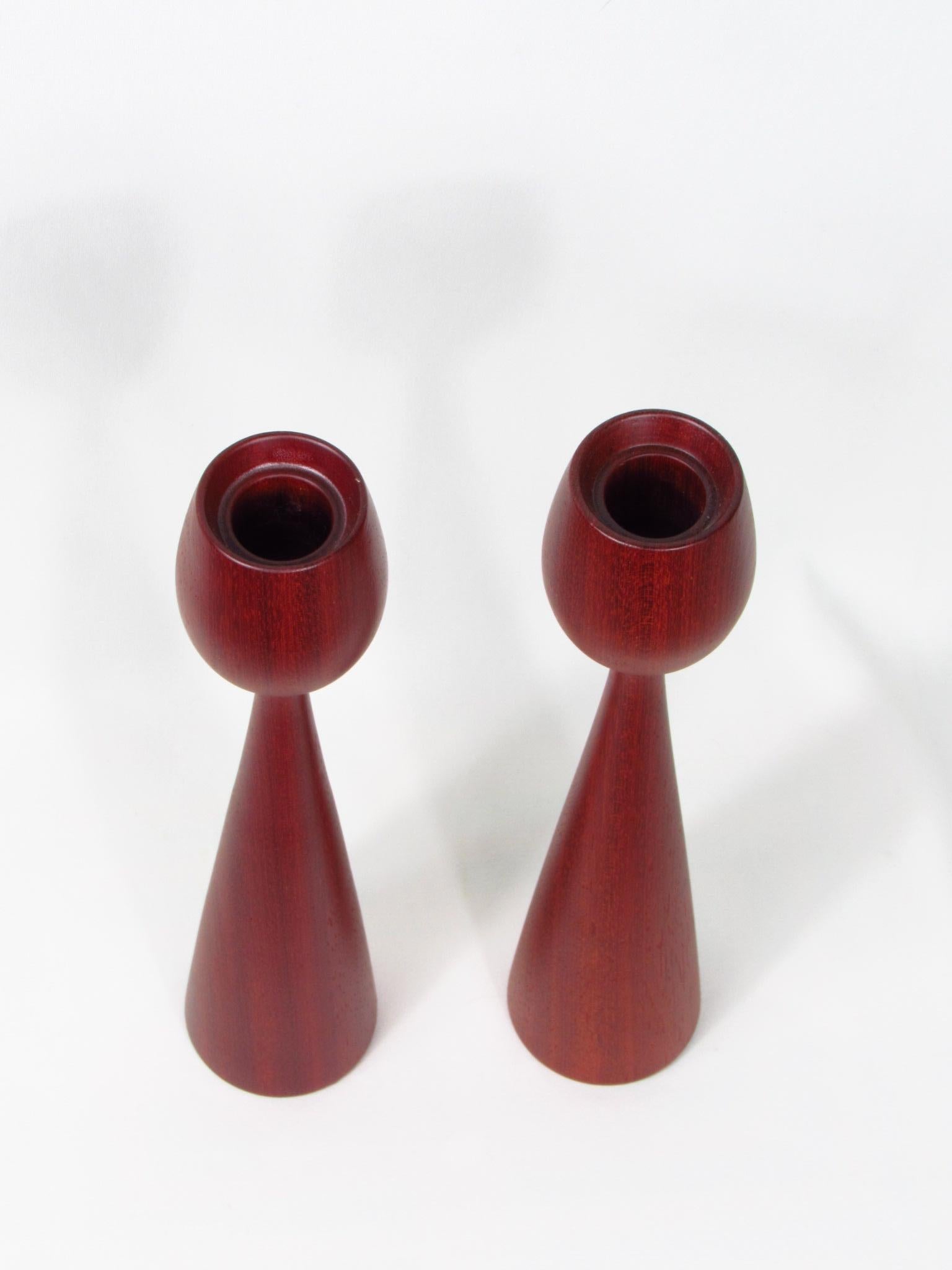 Candlestick holders, pair, mid-century modern Danish teak wood In Good Condition For Sale In San Francisco, US