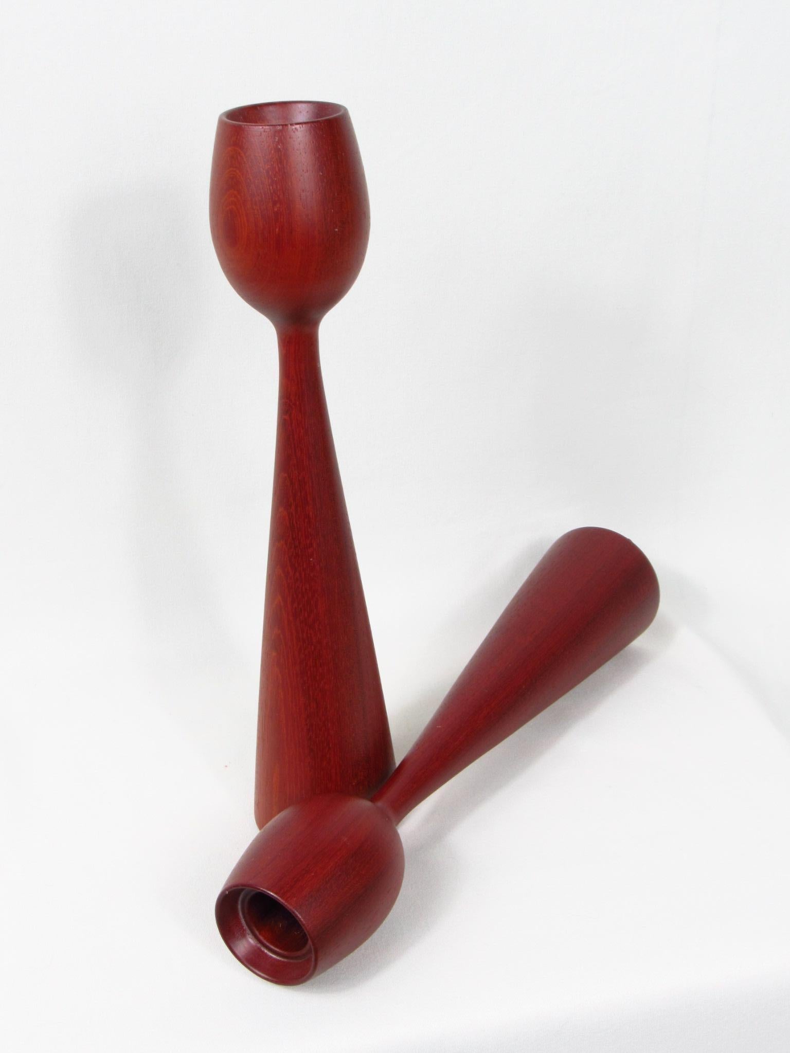20th Century Candlestick holders, pair, mid-century modern Danish teak wood For Sale