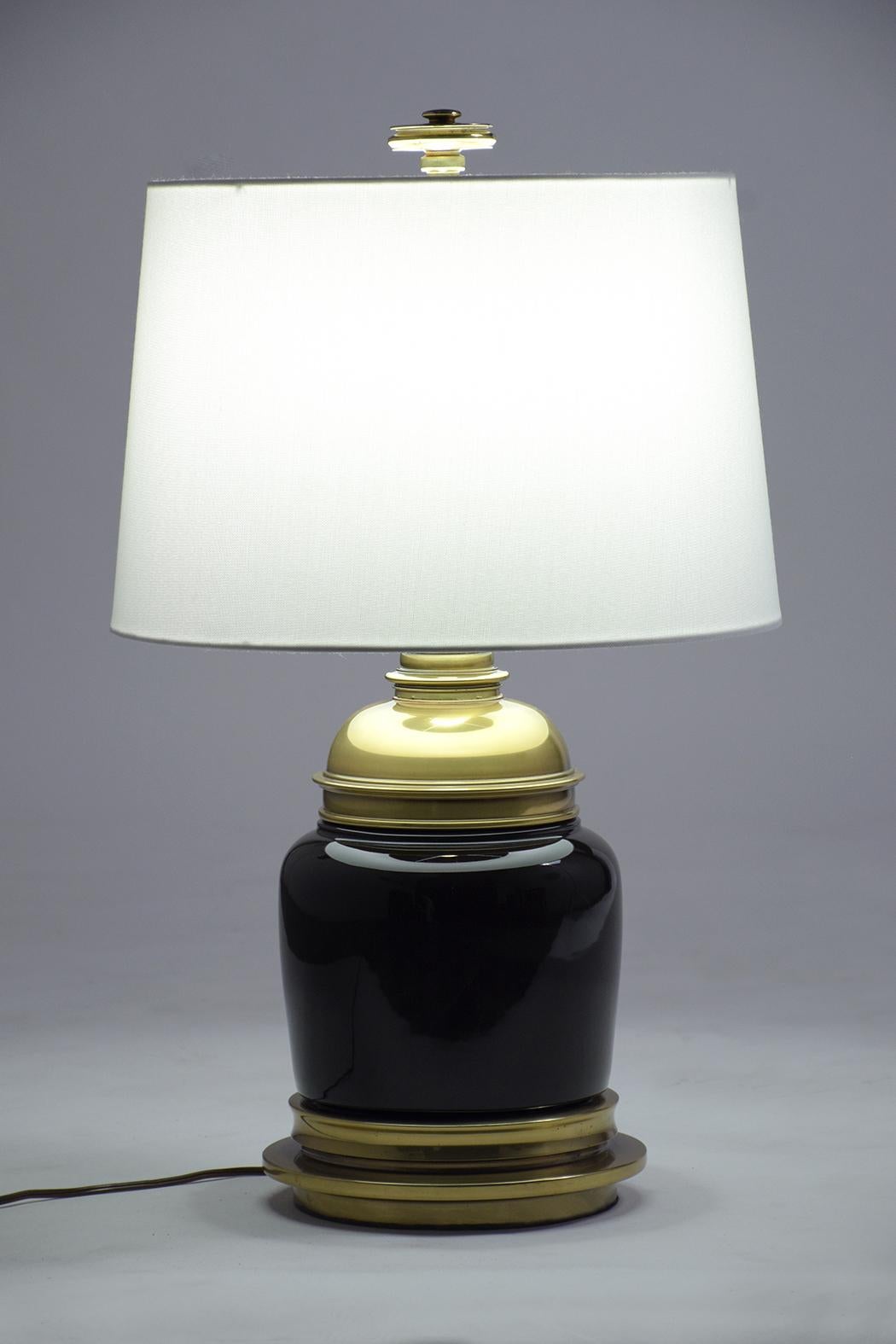 Mid-Century Modern 1970s Mastercraft Vintage Brass & Black Glass Table Lamps with Off-White Shades For Sale