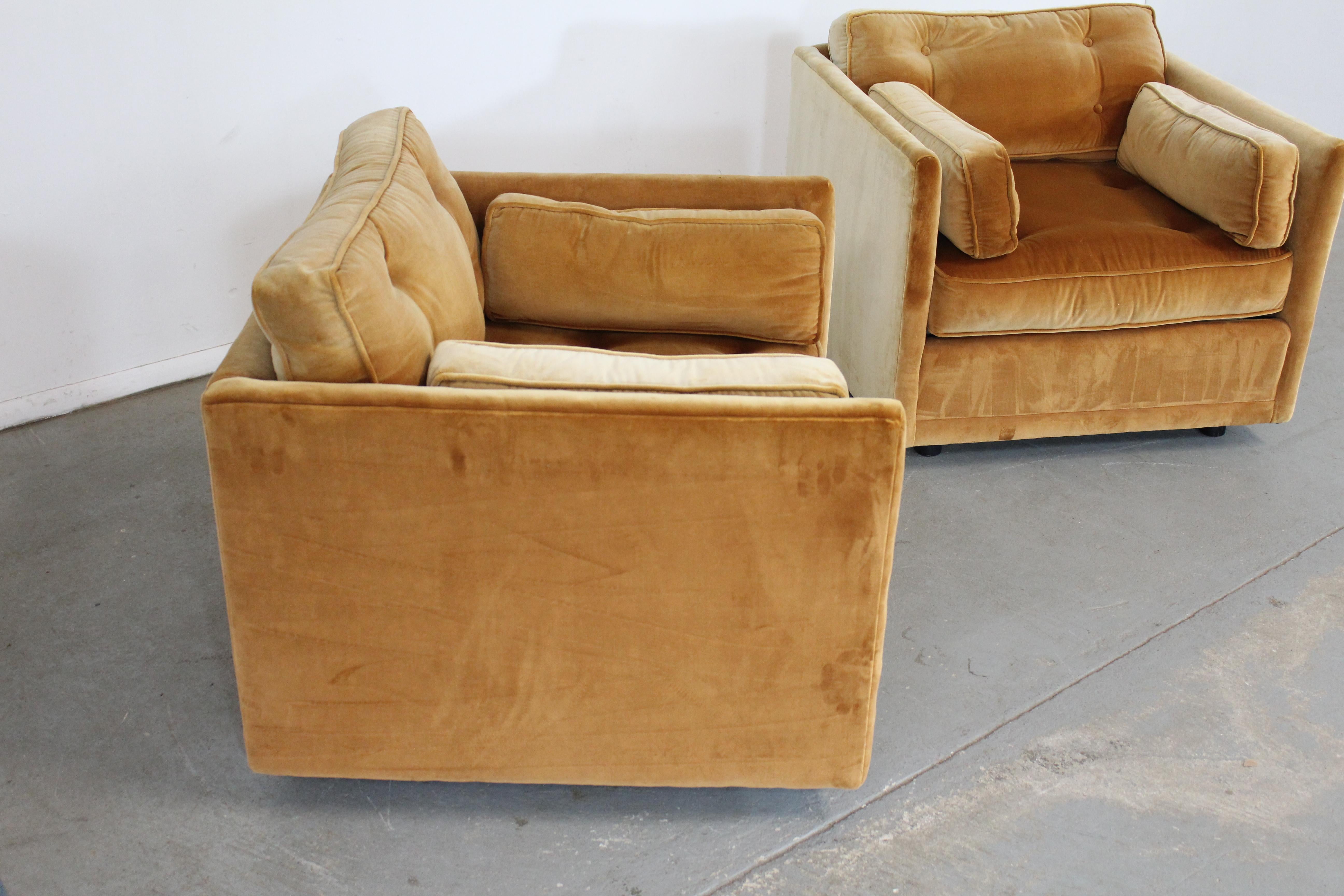 American Pair of Vintage Mid-Century Modern Milo Baughman Velvet Cube/Club Chairs by Dire