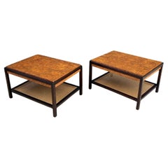 Pair of Vintage Mid-Century Modern Olive Burl Wood & Cane Tier Side Tables