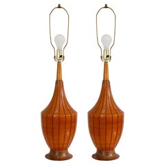 Pair Of Vintage Mid Century Modern Orange Curved Wood Lamps