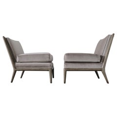 Pair of Vintage Mid-Century Modern Platinum Silver Gray Mohair Slipper Chairs