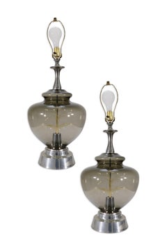 Pair Of Vintage Mid Century Modern Round Fiber Optic Smoked Glass & Chrome Lamps