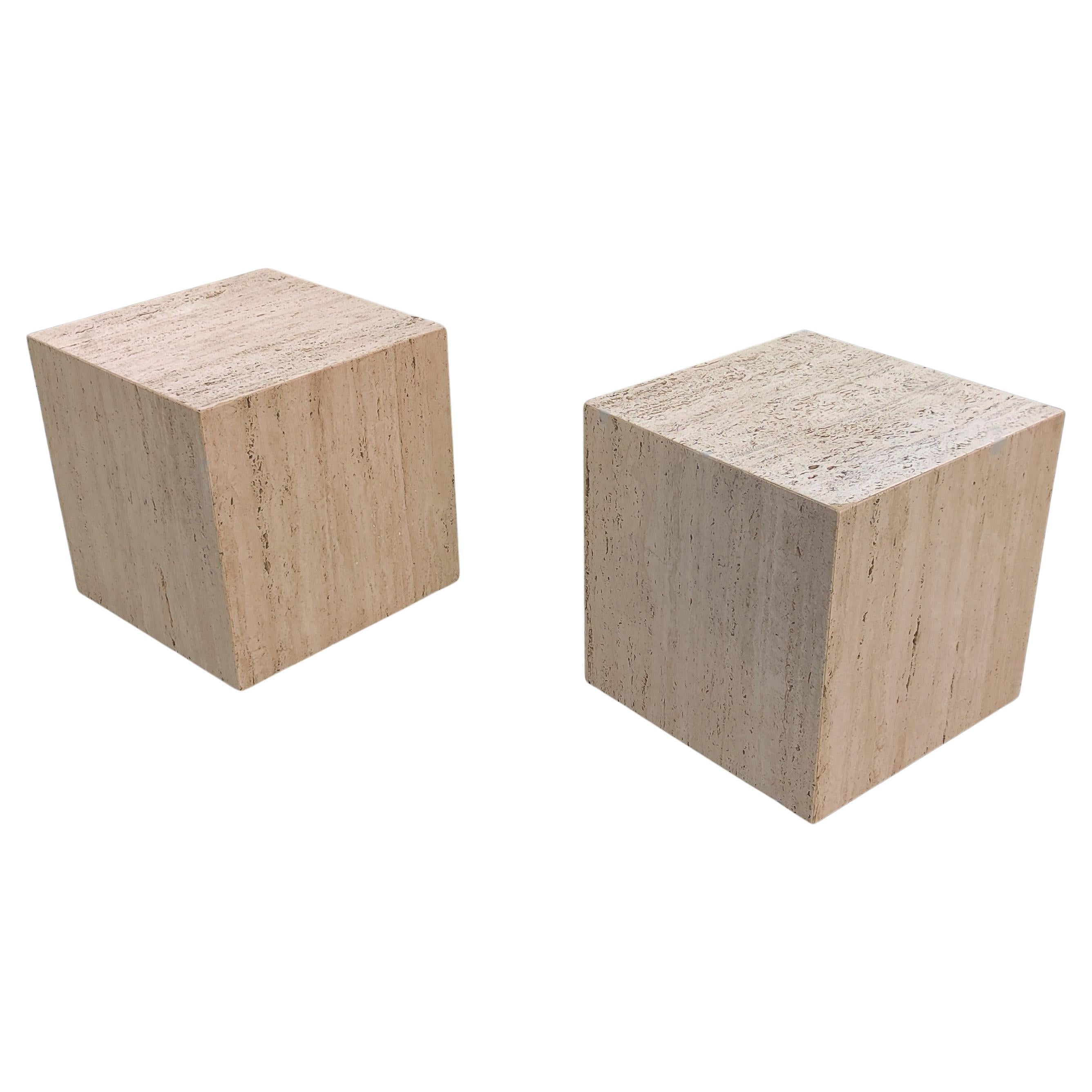 Pair of Vintage Mid-Century Modern Travertine Cube Form Side or End Tables