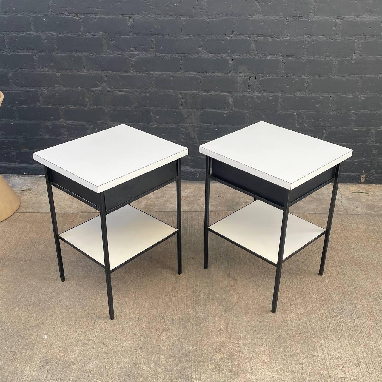 Iron Pair of Vintage Mid-Century Modern Two-Tier Night Stands For Sale