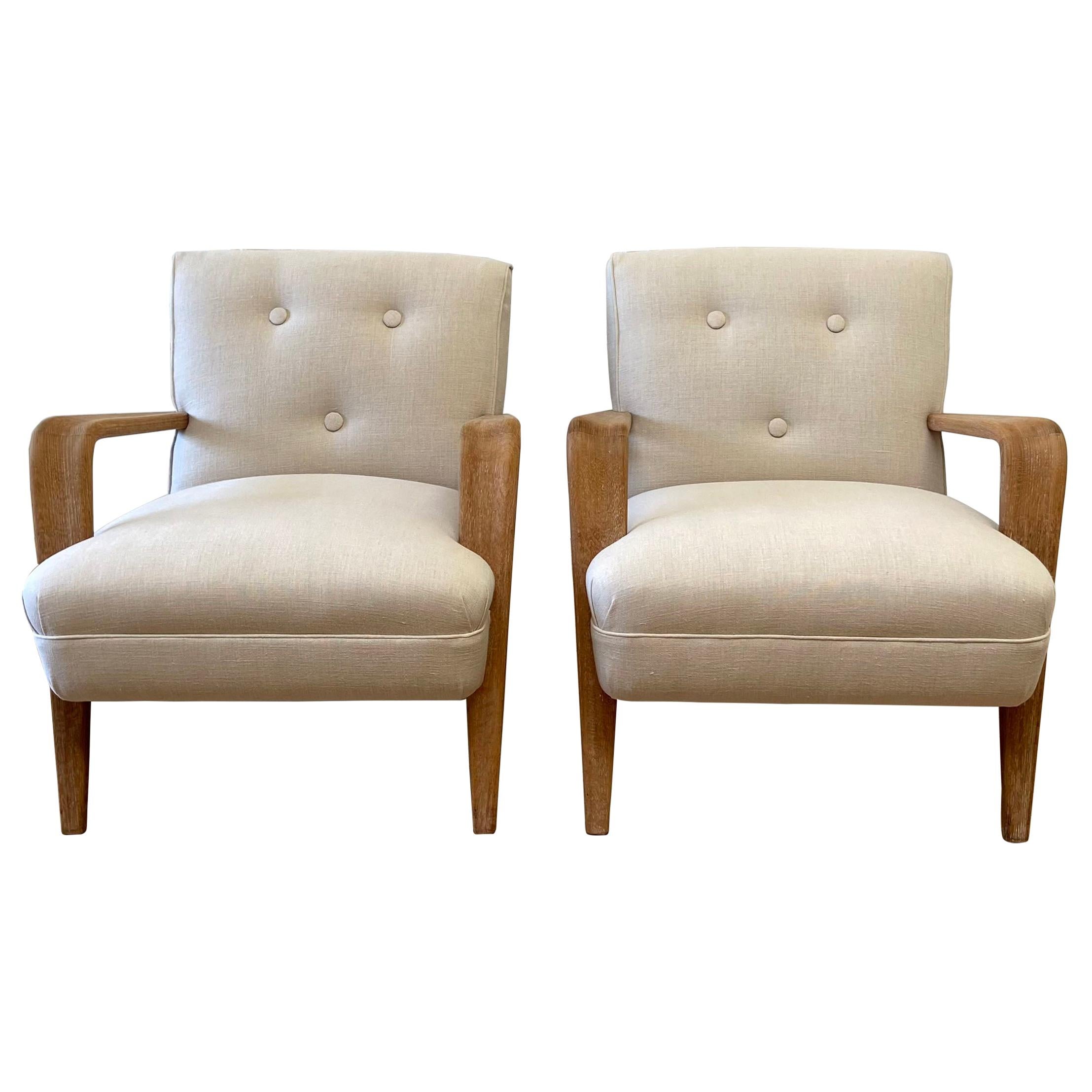Pair of Vintage Mid-Century Modern Upholstered Chairs with White Oak Frame
