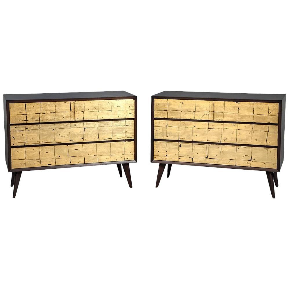 Pair of Vintage Mid-Century Modern Walnut Gold Leafed Chests of Drawers
