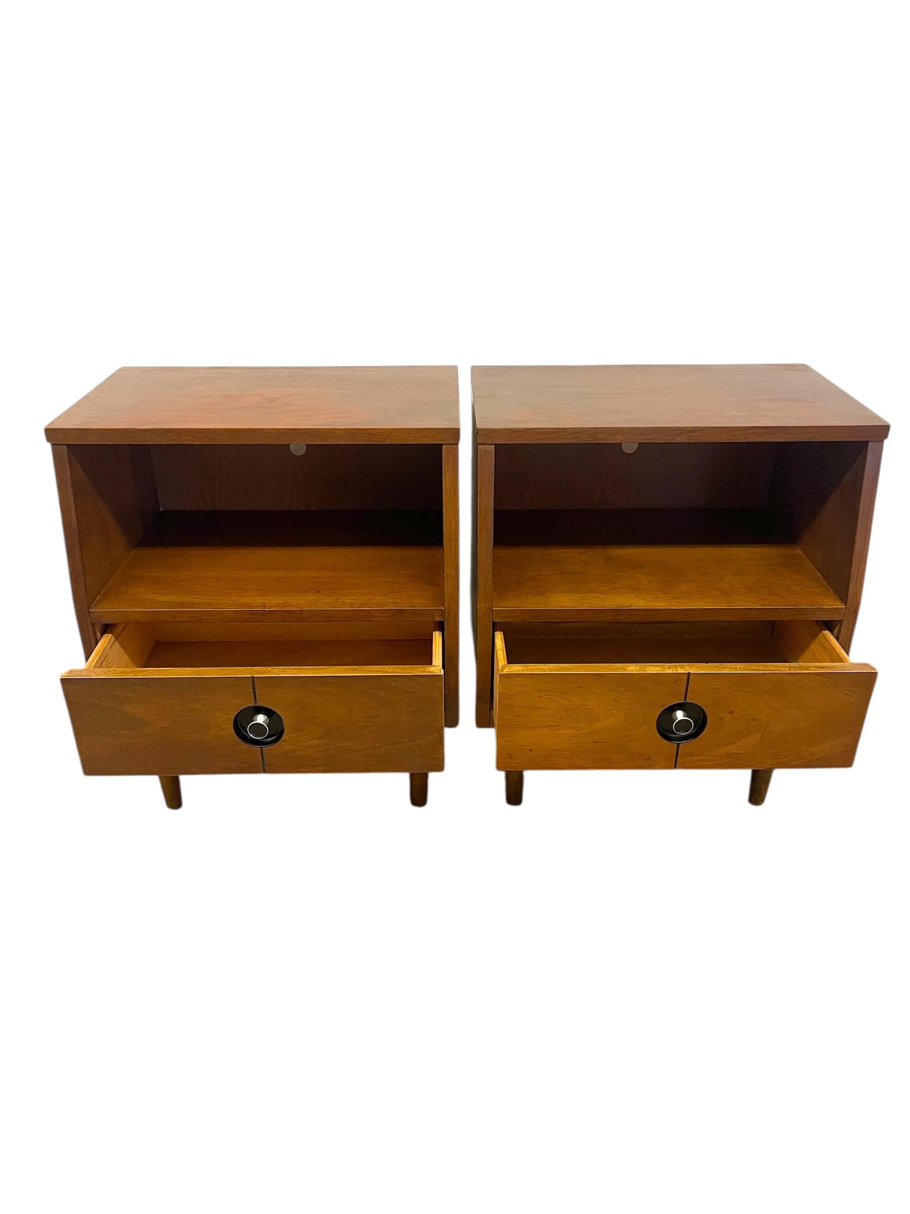 Wood Pair of Vintage Mid-Century Nightstands - Open Shelf & Drawer, Atomic Round Pull For Sale
