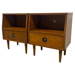 Paar Vintage Mid-Century Nachttische - offenes Regal & Schublade, Atomic Round Pull