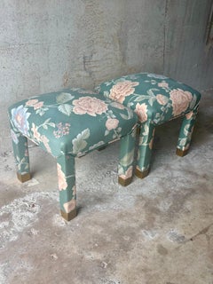 Pair of Vintage Mid-Century Parsons Stools in Palm Beach Regency Fabric
