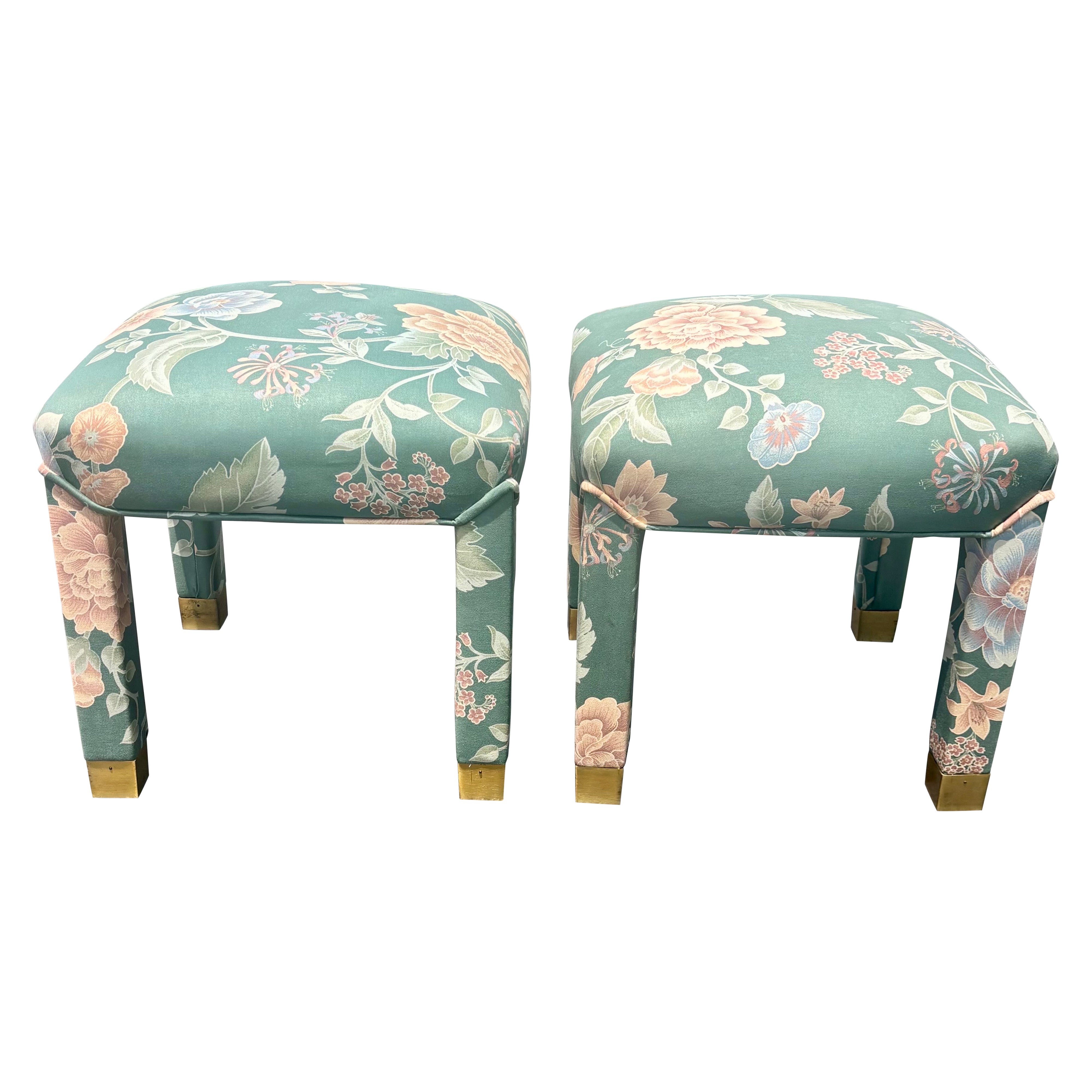 Pair of Vintage Mid-Century Parsons Stools in Palm Beach Regency Fabric For Sale