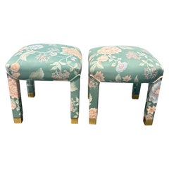 Pair of Vintage Mid-Century Parsons Stools in Palm Beach Regency Fabric