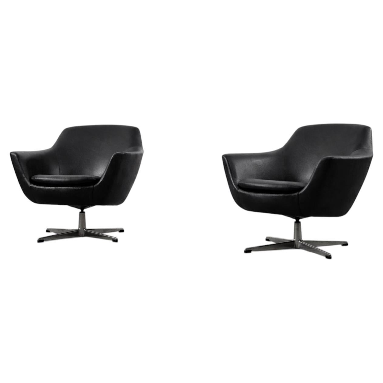 Pair of Vintage Mid-Century Scandinavian Modern Black Swivel Chairs