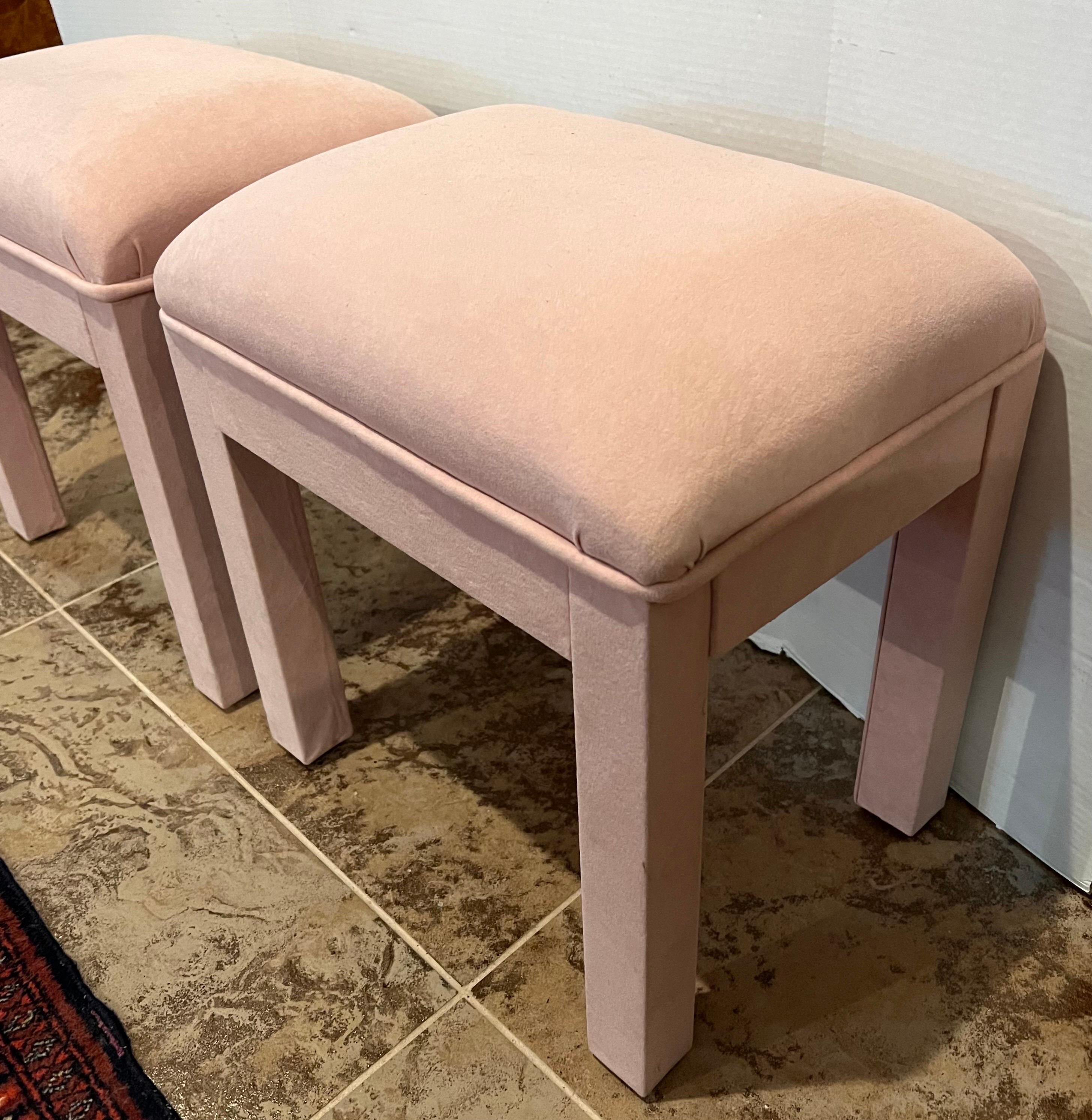 American Pair of Vintage Midcentury Small Pink Upholstered Parsons Stools