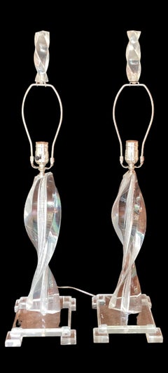 Pair of Vintage Mid Century Spiral Twist Lucite Table Lamps