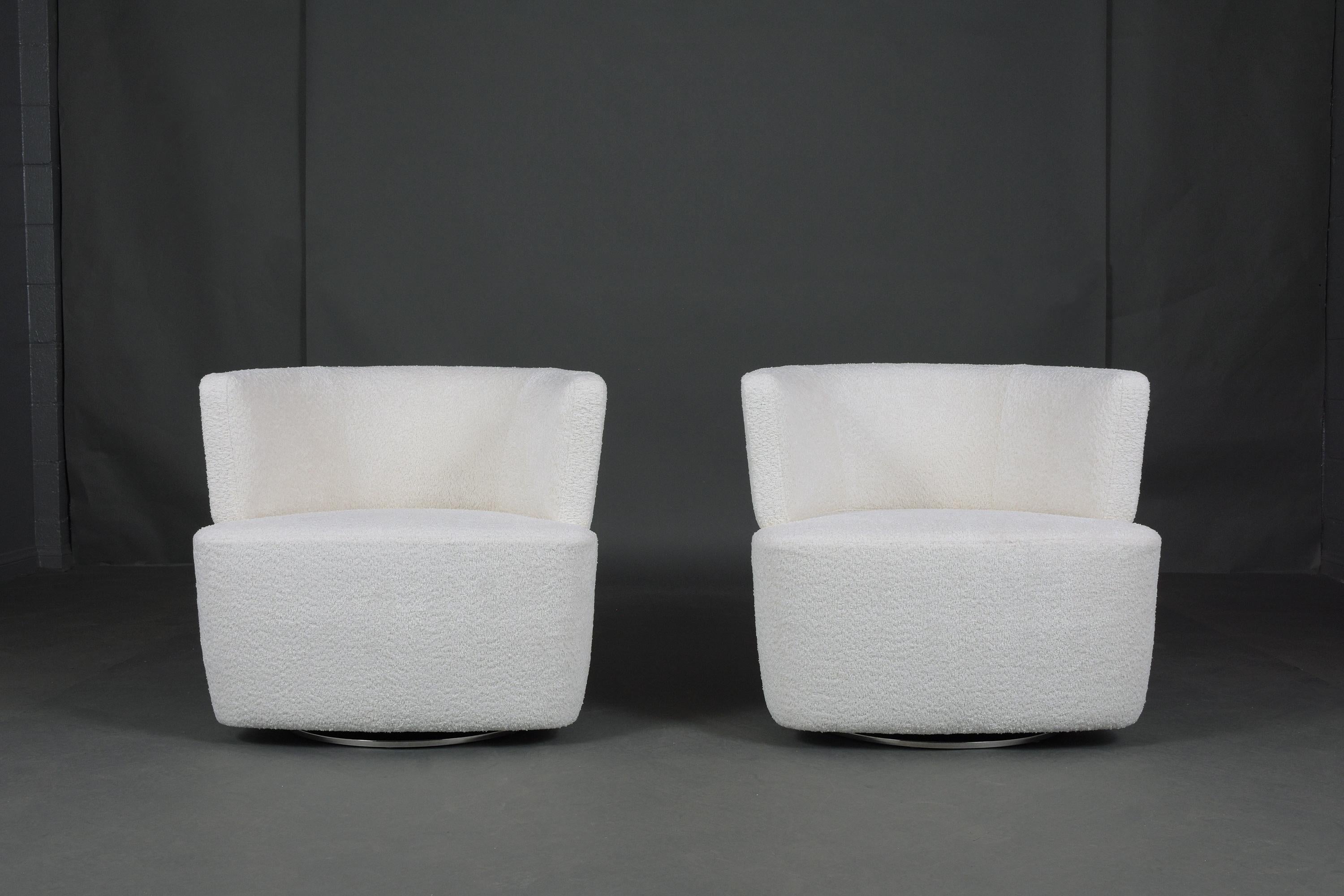 Hand-Crafted Mid-Century White Lamb Wool Bouclé Swivel Chairs - Vintage Elegance Redifined For Sale