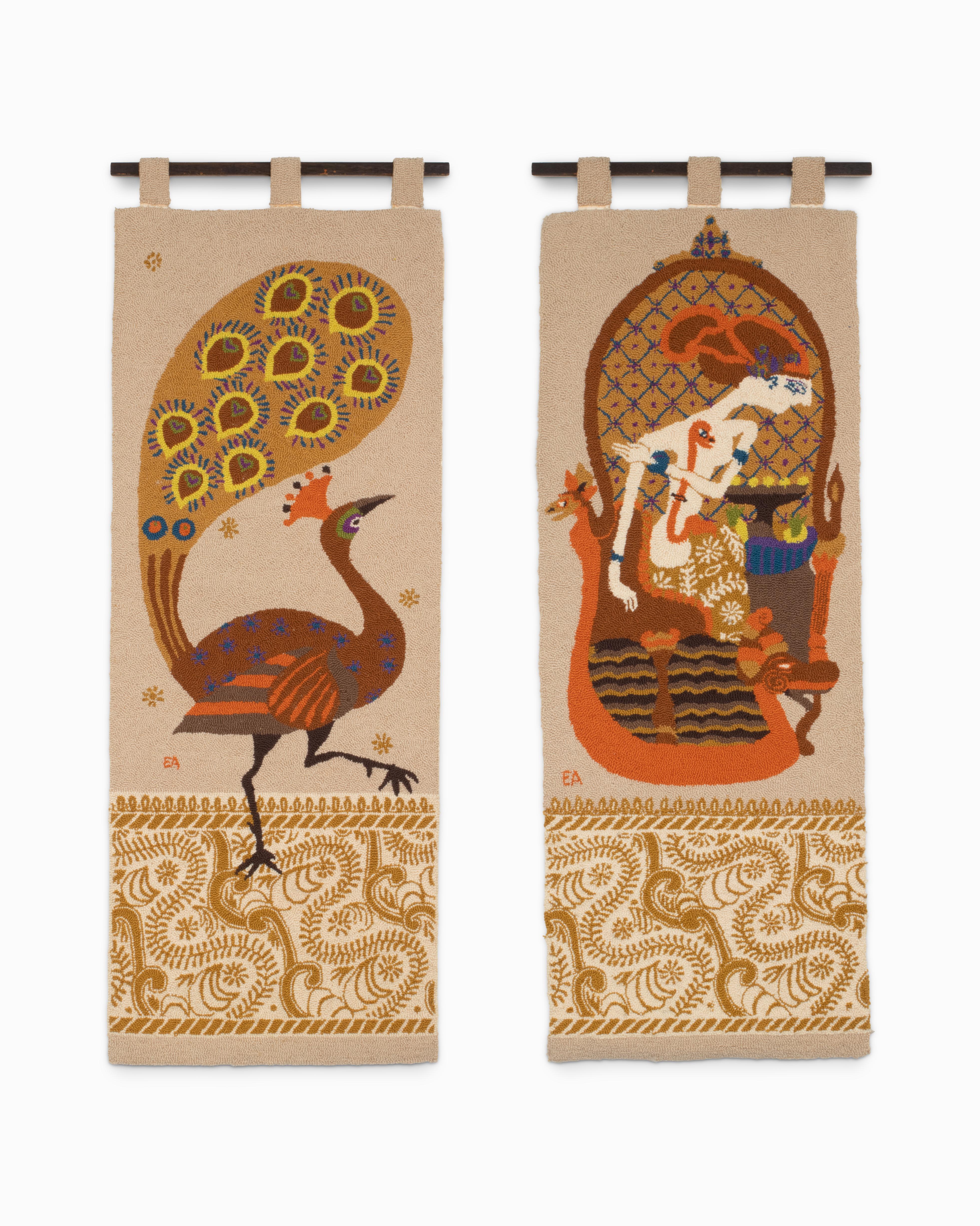 Here is a pair of hand-hooked tapestry rugs by beloved 20th century artisan - Evelyn Ackerman. These beautiful wall hangings are in excellent original condition and measure approximately 18