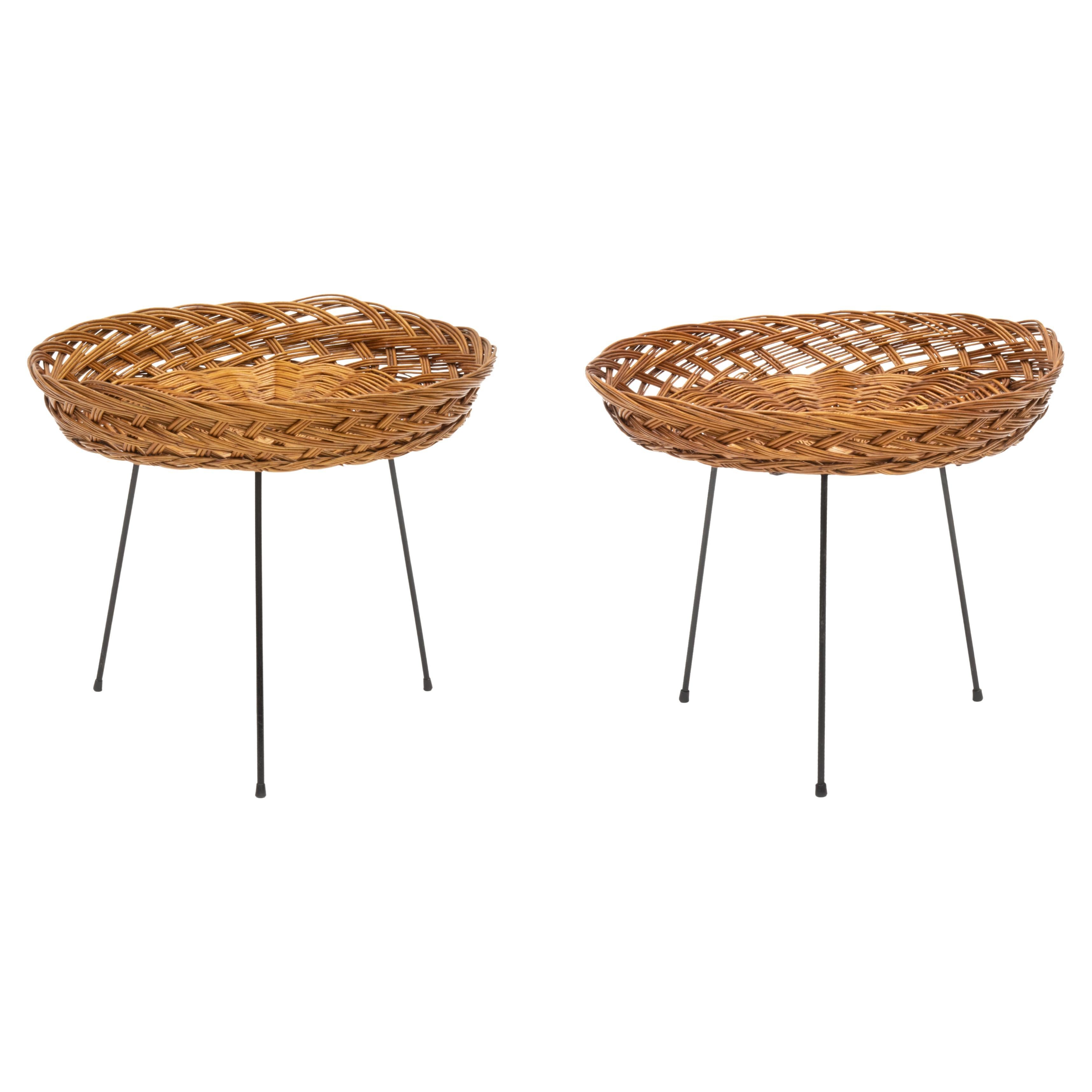 Pair of Vintage Mid Century Tripod Rattan Side Tables