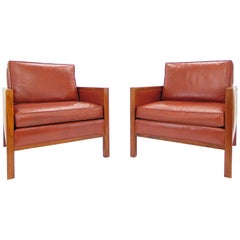 Pair of Vintage Midcentury Walnut and Leather Club Chairs