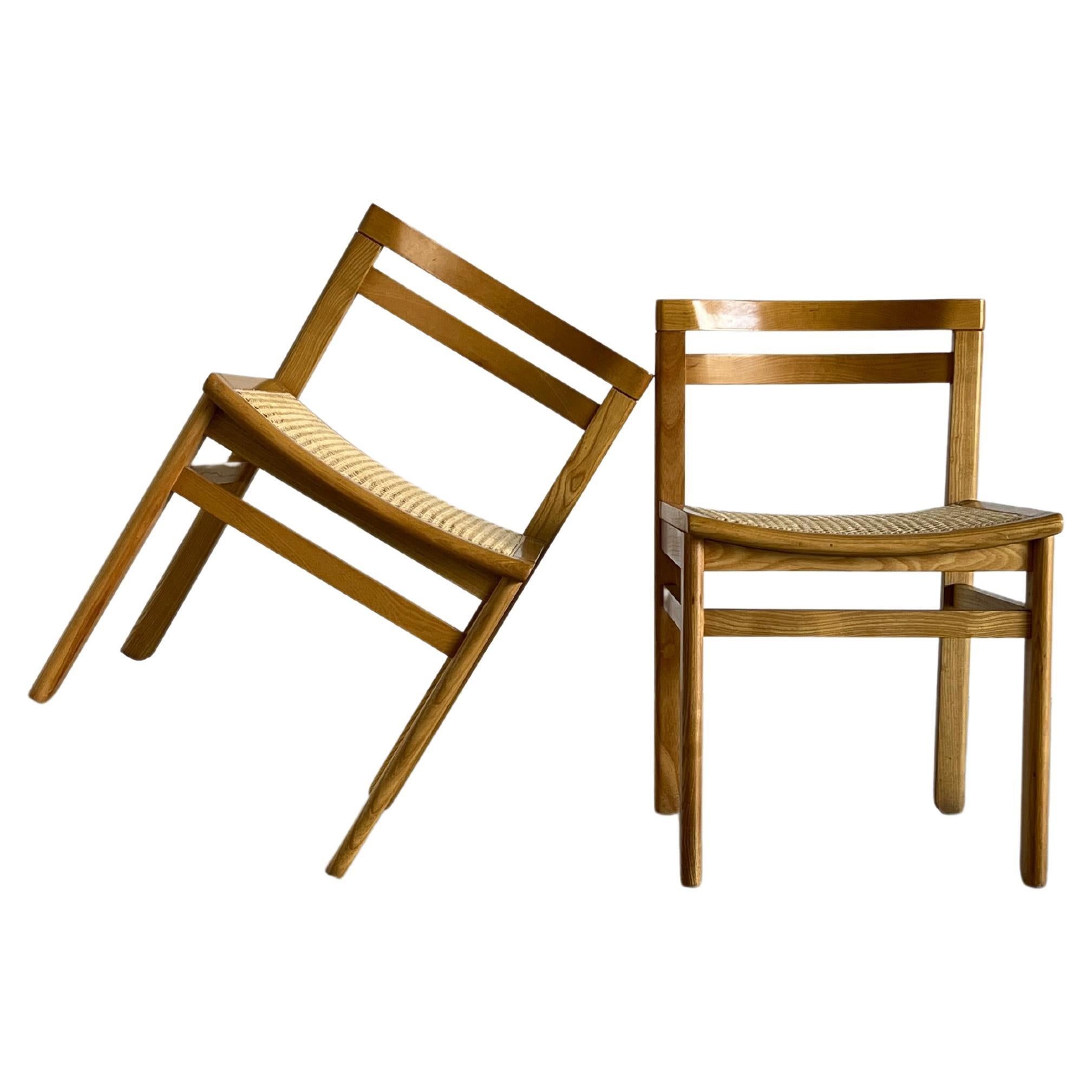 Pair of Vintage Mid-Century Wooden Dining Chairs in Beech and Cane, 1960s For Sale