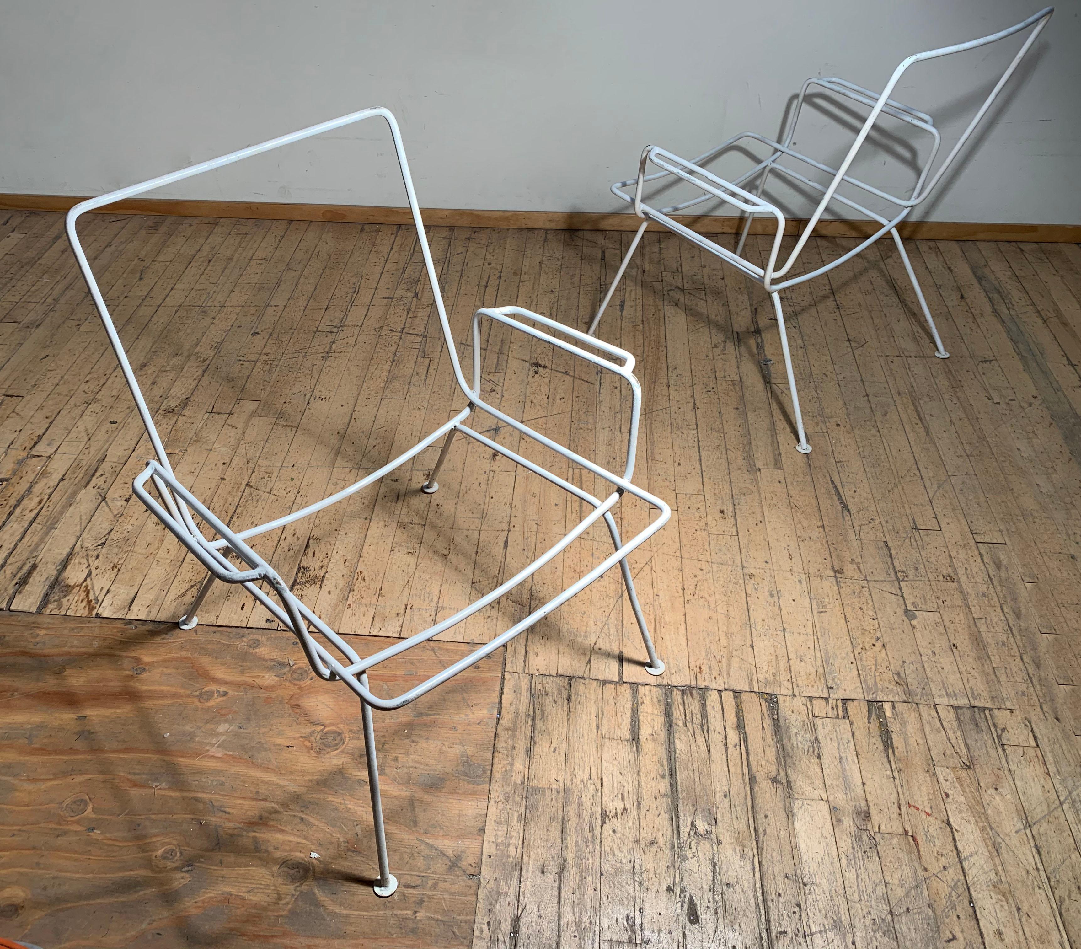 Pair of vintage midcentury wrought iron patio chairs. Most likely European. French or Italian.

Manner of Salterini, Milo Baughman, Woodard

These take a fabric sling seat.