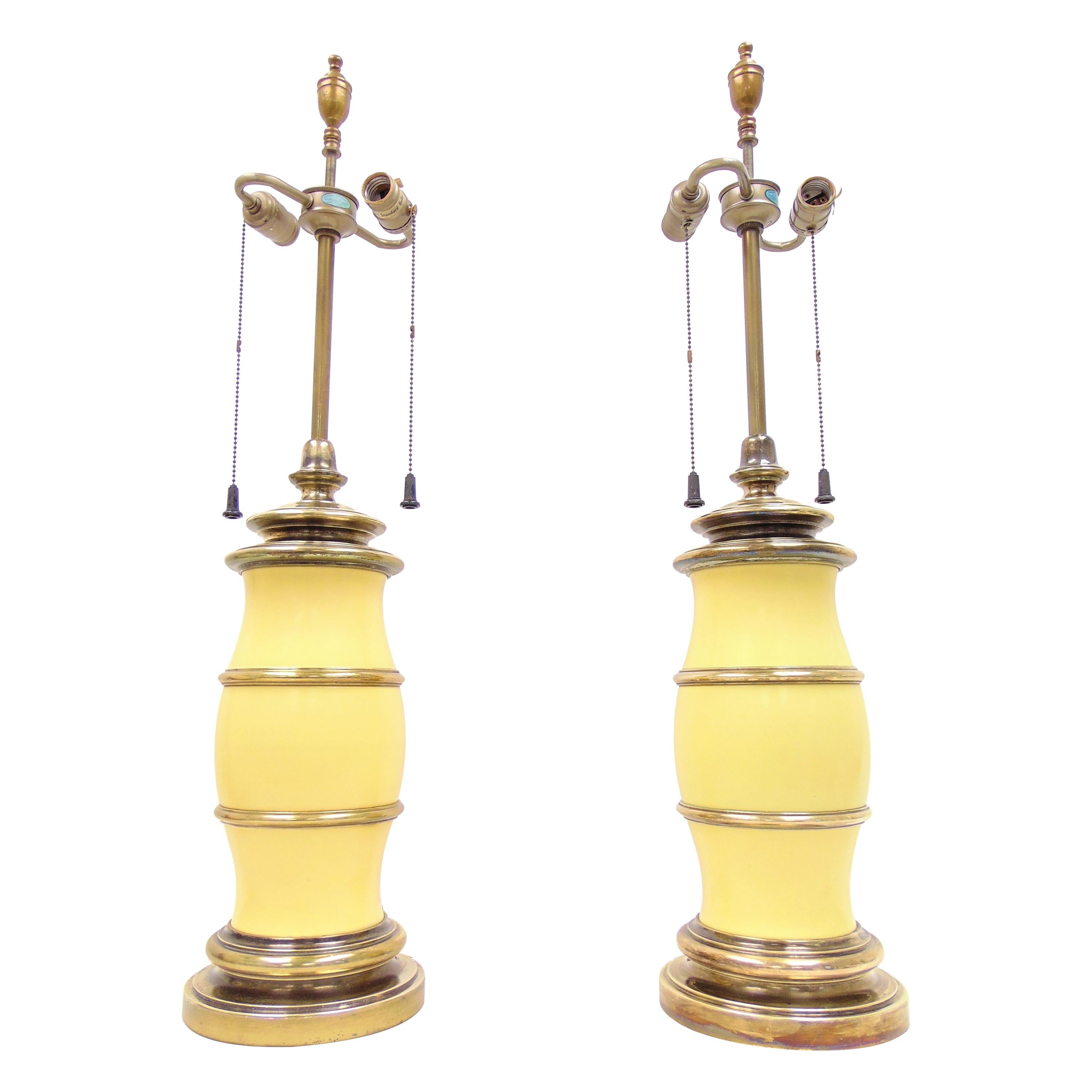 Pair of Vintage Midcentury Yellow and Brass Lamps by Stiffel For Sale
