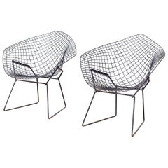 Pair of Vintage Midcentury Harry Bertoia for Knoll Black Diamond Wire Chairs