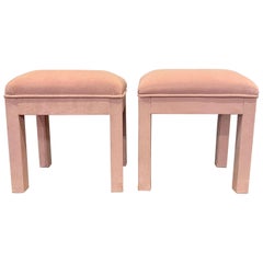 Pair of Vintage Midcentury Small Pink Upholstered Parsons Stools