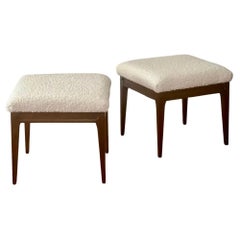 Pair of Vintage Midcentury Walnut Stools in Bouclé