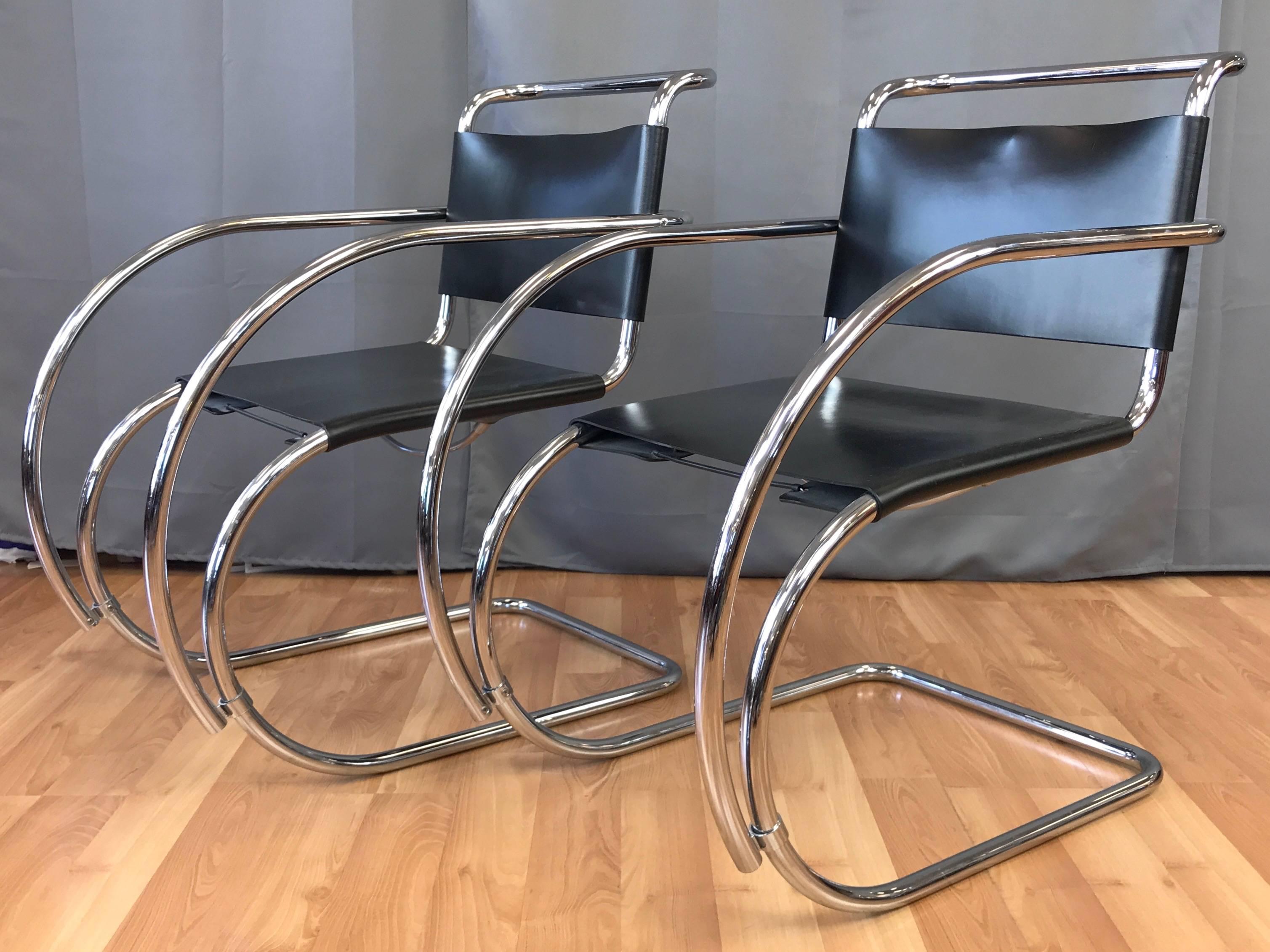 A pair of vintage MR armchairs by Ludwig Mies van der Rohe, manufactured and imported by Stendig. Designed in 1927, this pair dates from 1987 and is in fantastic vintage condition. 

Iconic minimalist design features a cantilevered polished