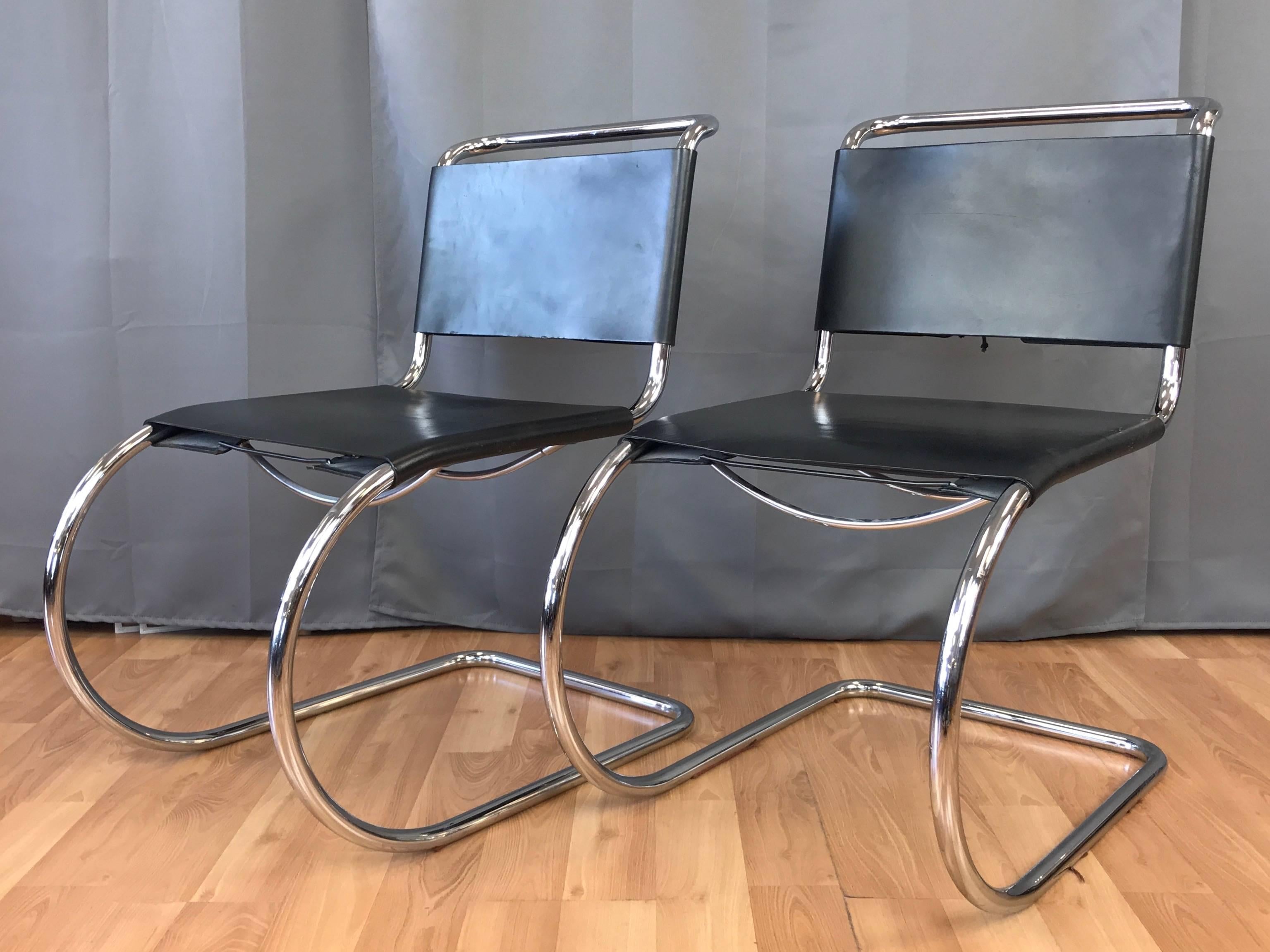 A pair of vintage MR side chairs by Ludwig Mies van der Rohe, manufactured and imported by Stendig. Designed in 1927, this pair dates from 1987 and is in great vintage condition. 

Iconic minimalist design features a cantilevered polished tubular