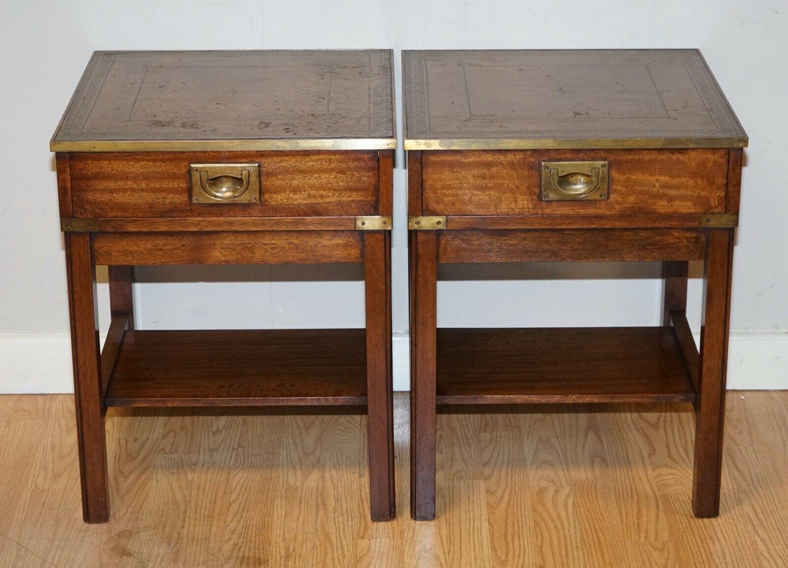 We are delighted to sell this Lovely Pair of Military Campaign Bedside Tables.

As you will be able to see the leather is not new, over the years it has a built a very unique vintage look.
We have lightly restored this by giving it a hand clean
