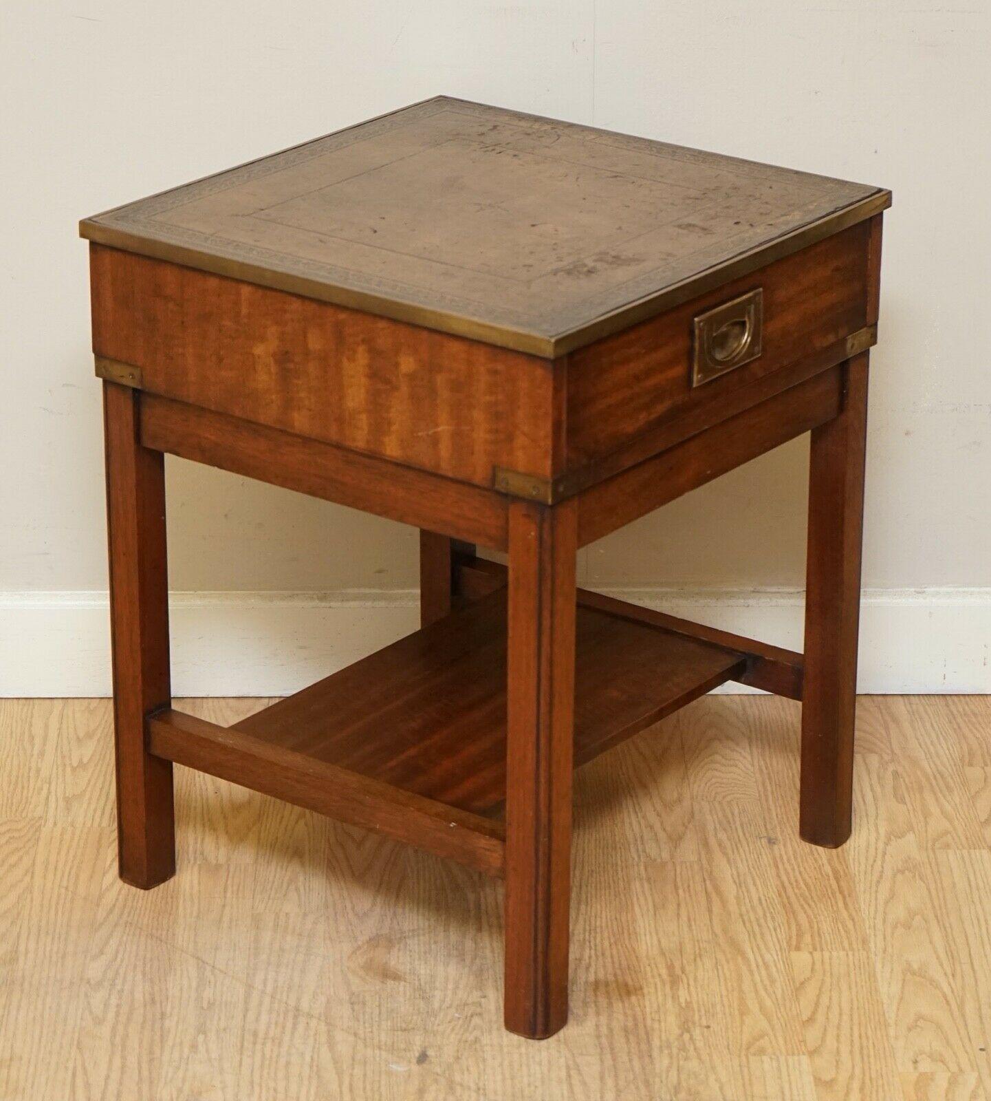 Hand-Crafted Pair of Vintage Military Campaign Bedside Tables with Brown Leather Top