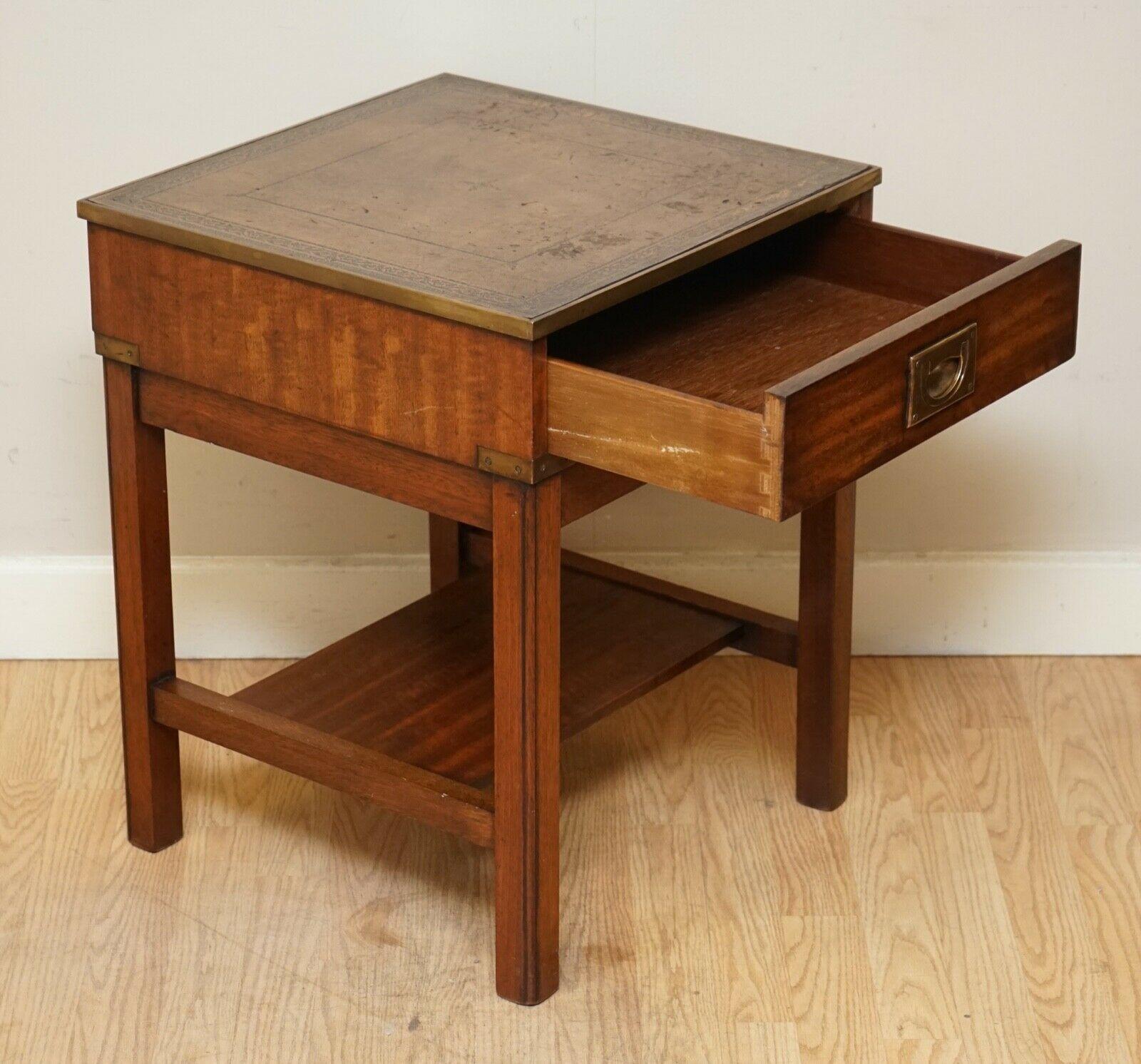 20th Century Pair of Vintage Military Campaign Bedside Tables with Brown Leather Top
