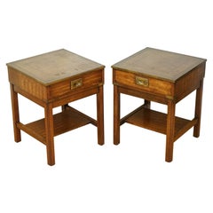 Pair of Vintage Military Campaign Bedside Tables with Brown Leather Top