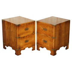 PAIR OF ViNTAGE MILITARY CAMPAIGN BURR YEW WOOD BEDSIDE END LAMP TABLE DRAWERS