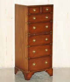 PAIR OF VINTAGE MiLITARY CAMPAIGN TALLBOY CHESTS OF DRAWERS GREEN LEATHER TRAYS