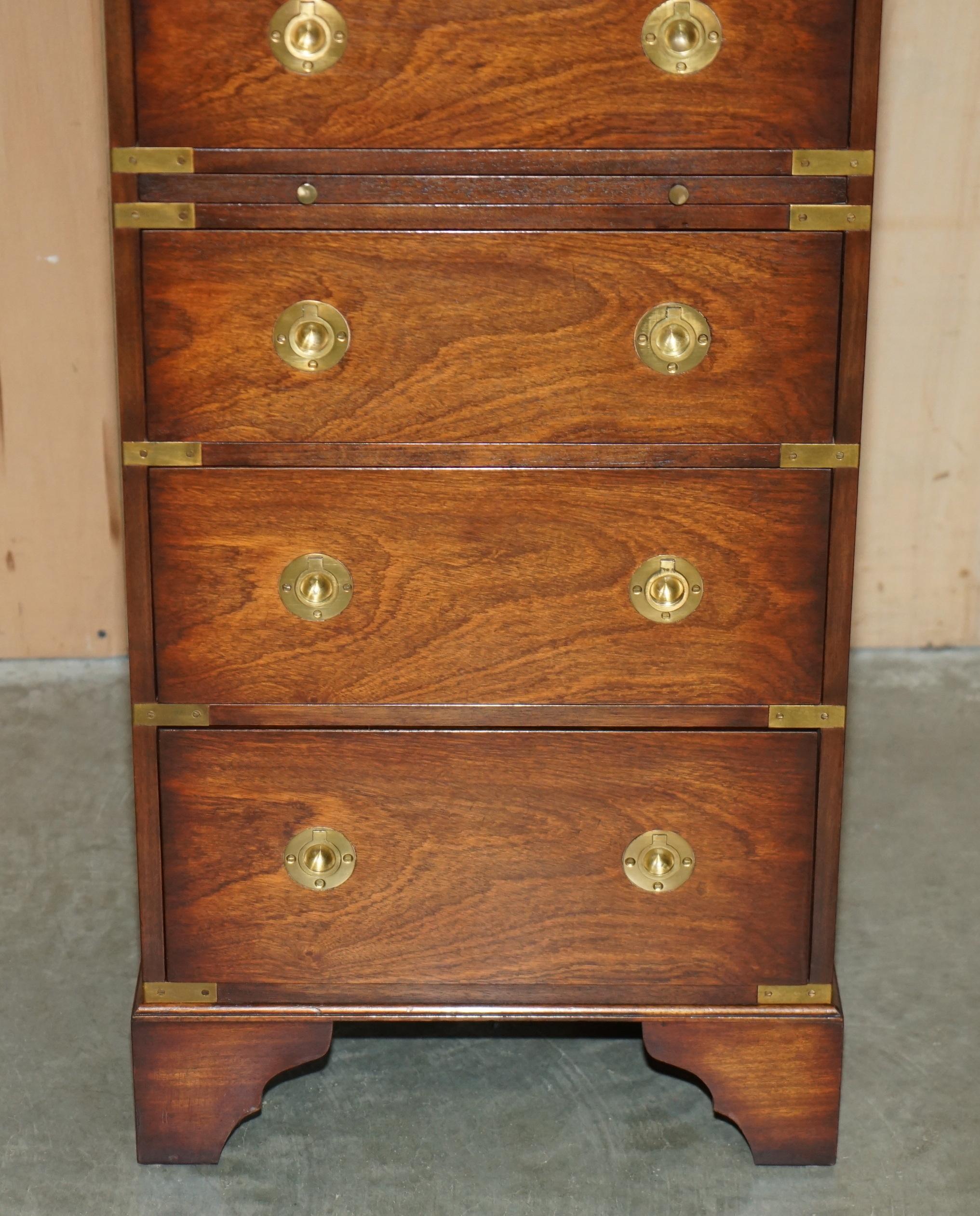 Hand-Crafted PAIR OF VINTAGE MiLITARY CAMPAIGN TALLBOY CHESTS OF DRAWERS GREEN LEATHER TRAYS For Sale