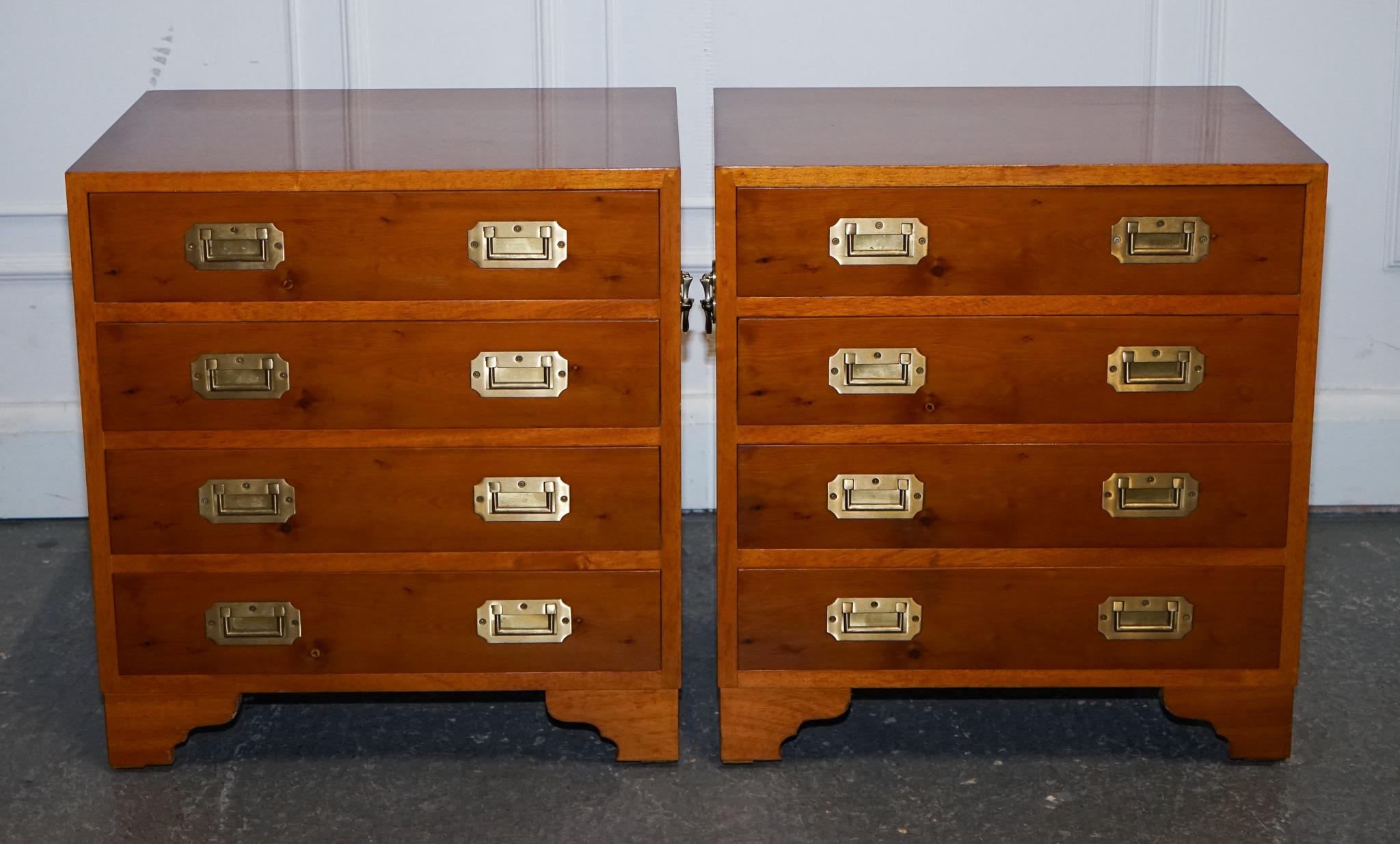 British PAIR OF VINTAGE MILITARY CAMPAiGN YEW WOOD CHEST OF DRAWERS END TABLES For Sale