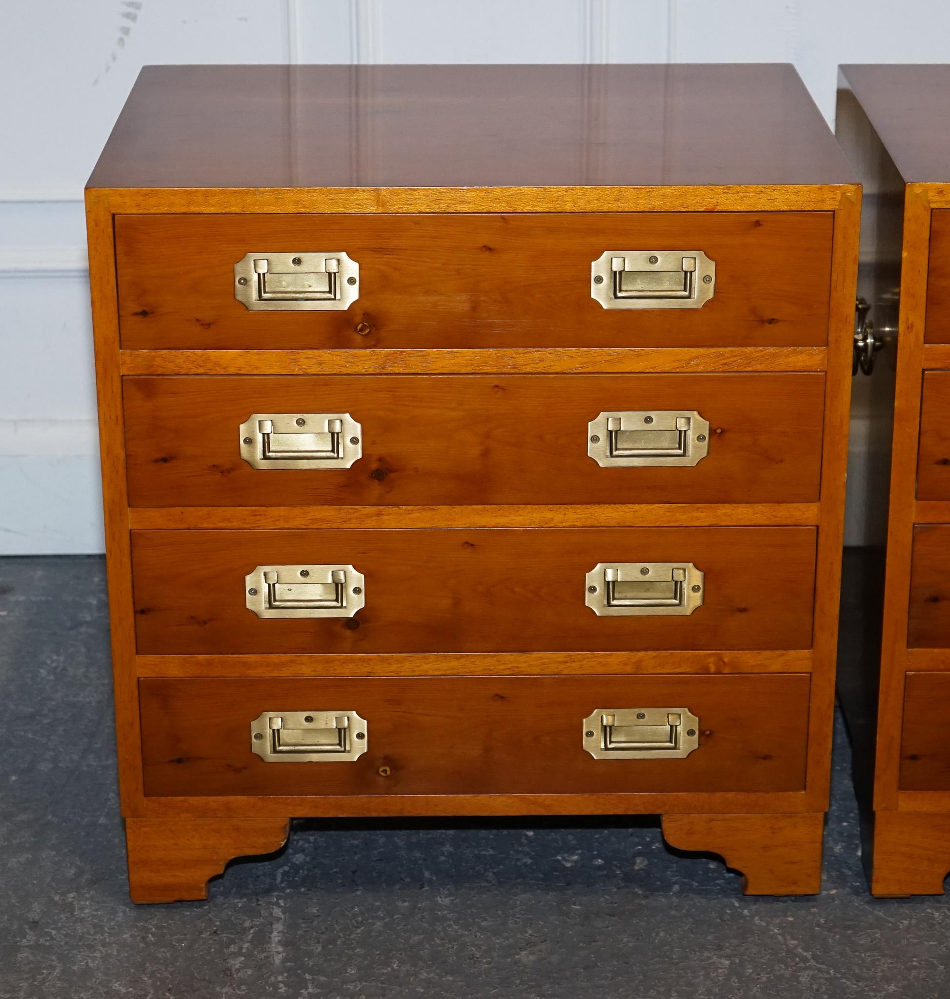 Hand-Crafted PAIR OF VINTAGE MILITARY CAMPAiGN YEW WOOD CHEST OF DRAWERS END TABLES For Sale