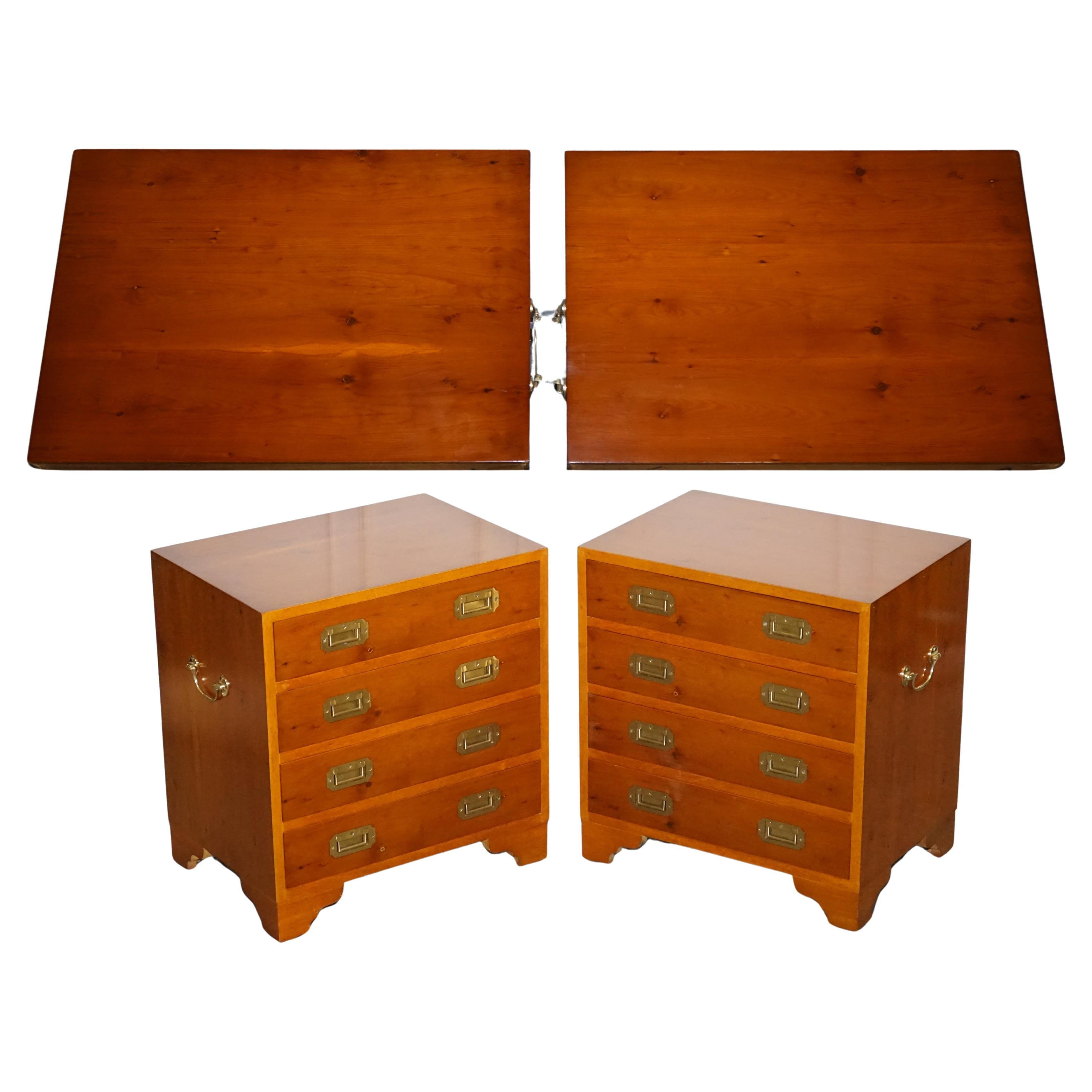 PAIR OF VINTAGE MILITAGE CAMPAiGN YEW WOOD CHEST OF DRAWERS END TABLES