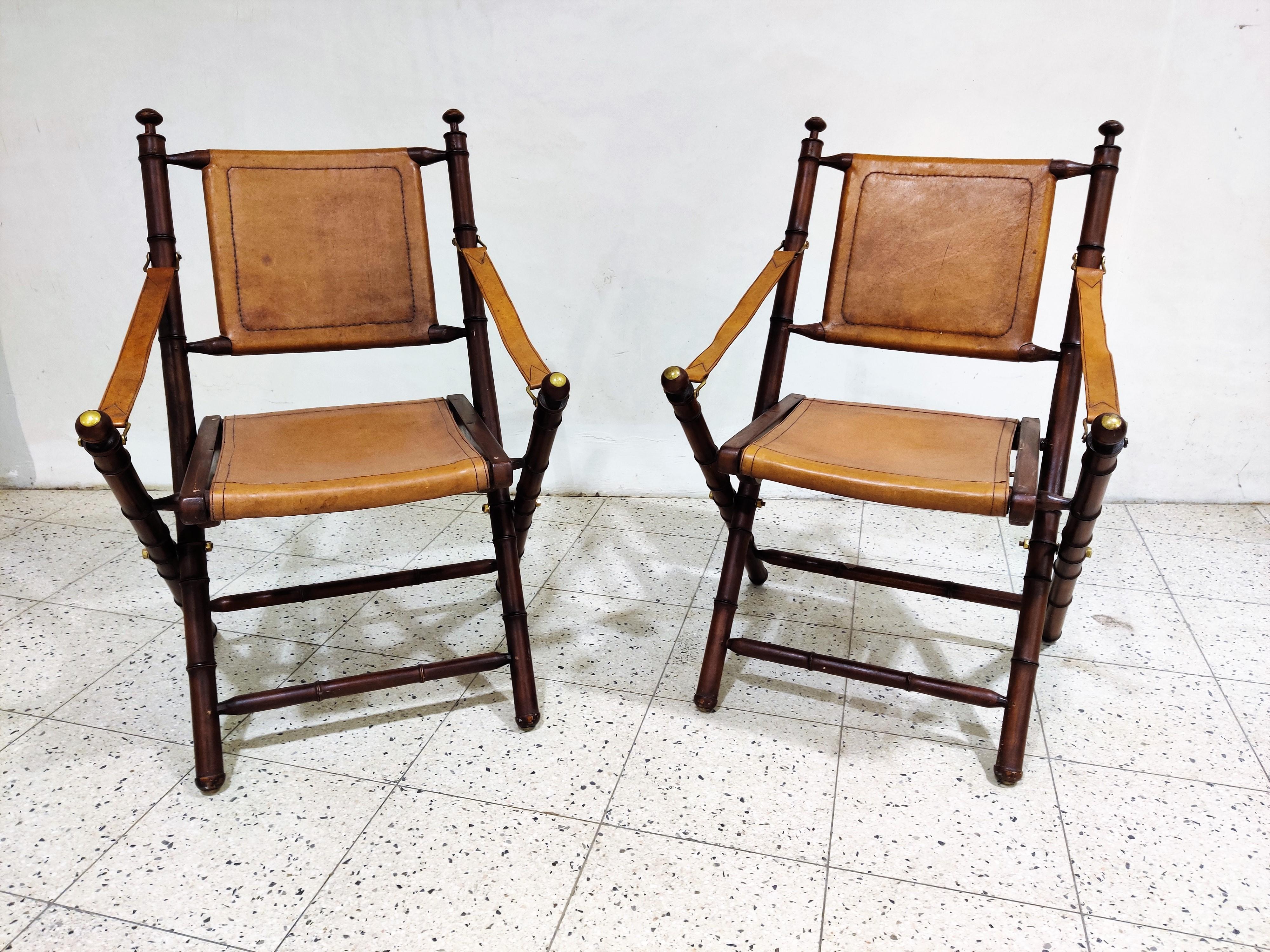 Mid-Century Modern Pair of Vintage Military Leather Campaign Chairs, 1960s
